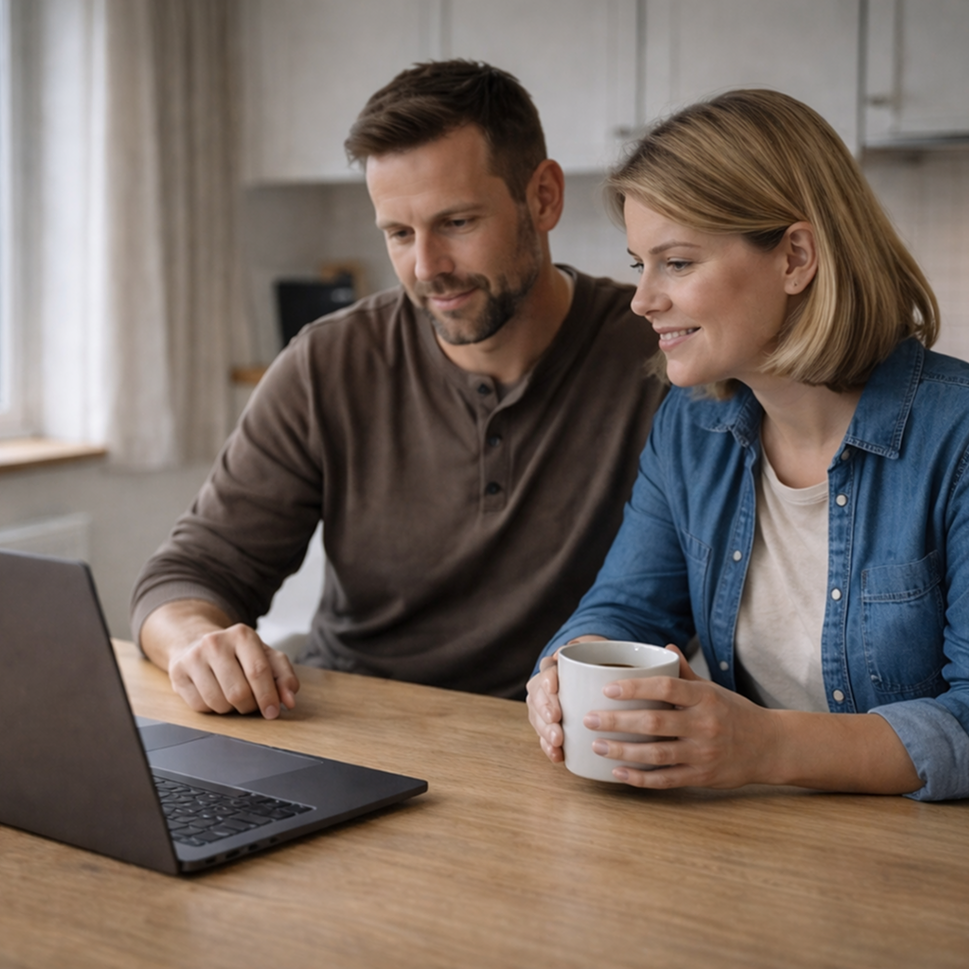 Par ved køkkenbord ser på computer sammen