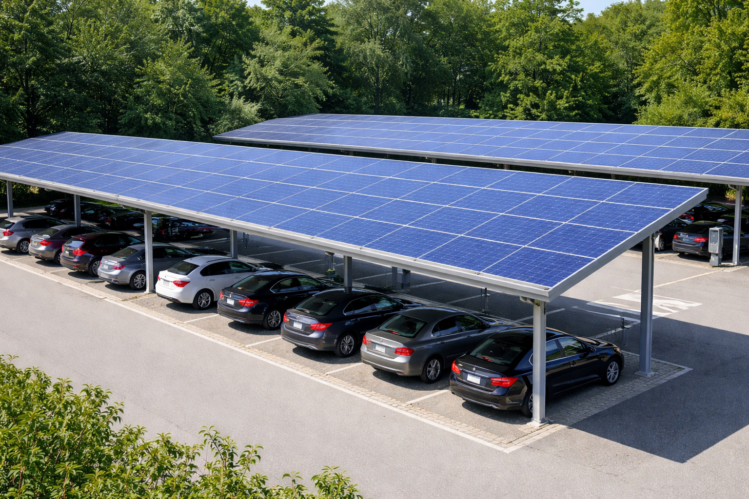 Erhvervscarporte med parkerede biler og solceller på taget