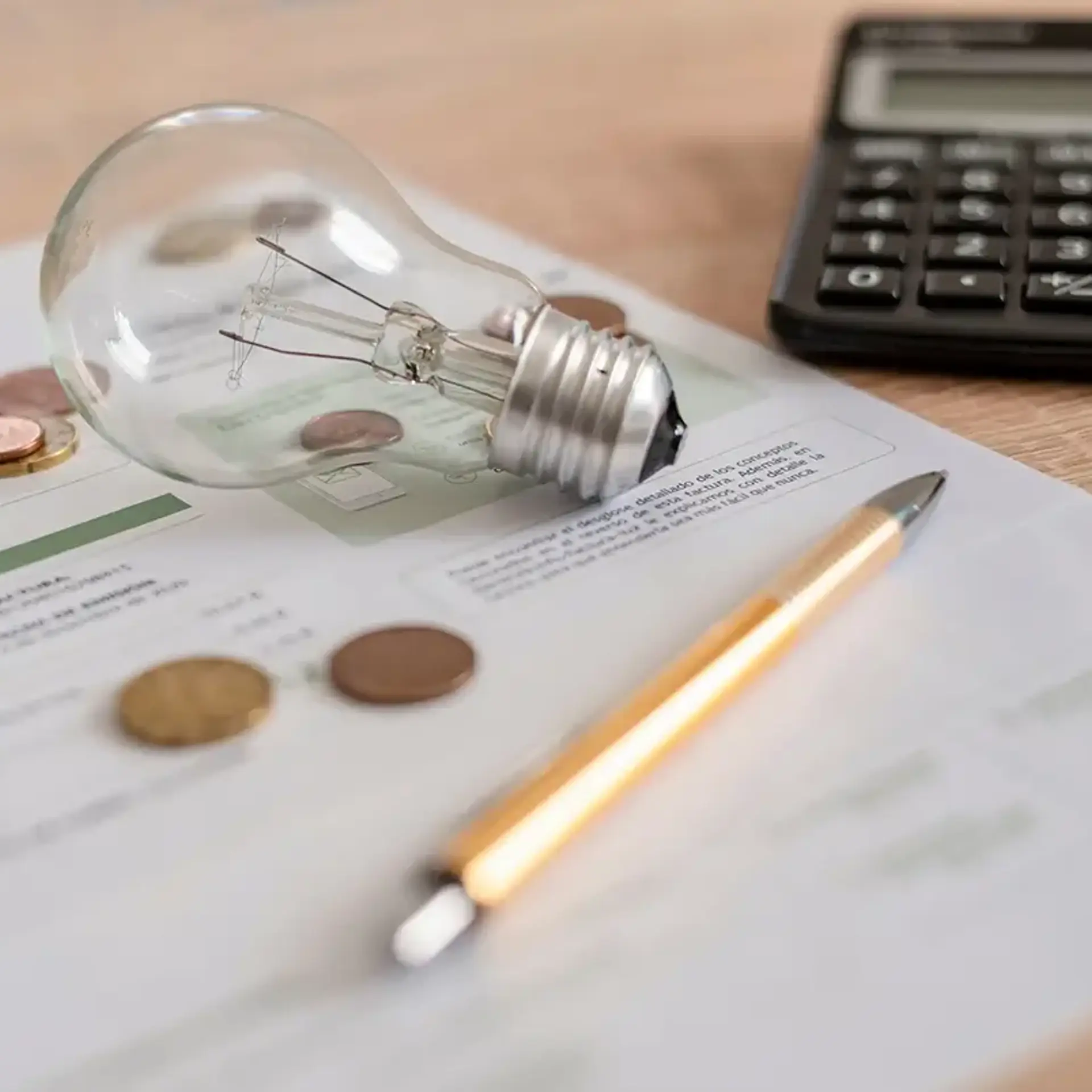 Mønter, lommeregner, blyant, elpære og papir på et bord. 