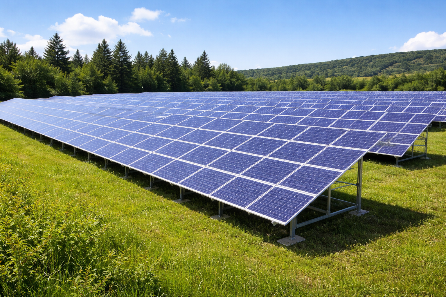 Rækker af solceller på mark 